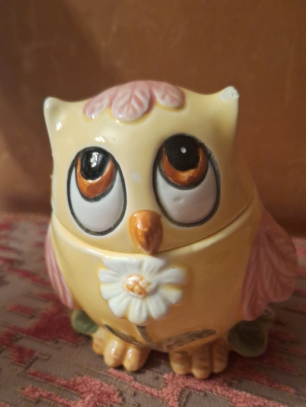 1960's Yellow and Pink Ceramic Owl Fridge Baking Soda Holder
